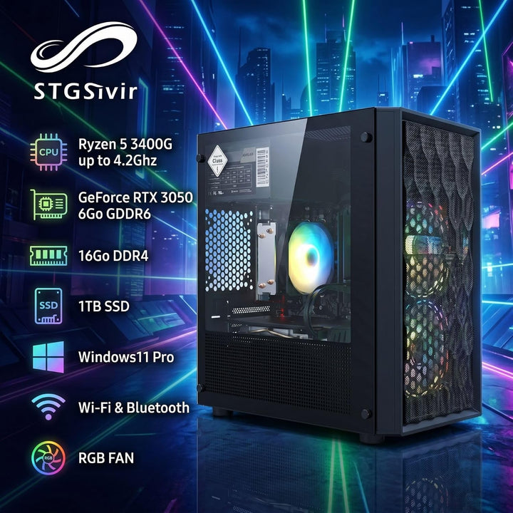 STGsivir Gaming PC, GeForce RTX 3050 6GB GDDR6,Ryzen 5 3400G bis zu 4.2 Ghz,16G DDR4,1TB SSD,WLAN 6,