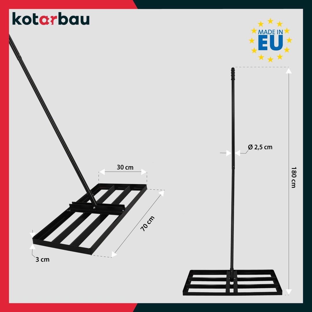 KOTARBAU® Rasenrakel - 70 x 30 cm - Rasen Nivellierrechen - mit Stahlstiel - 180 cm - Gartenwerkzeug