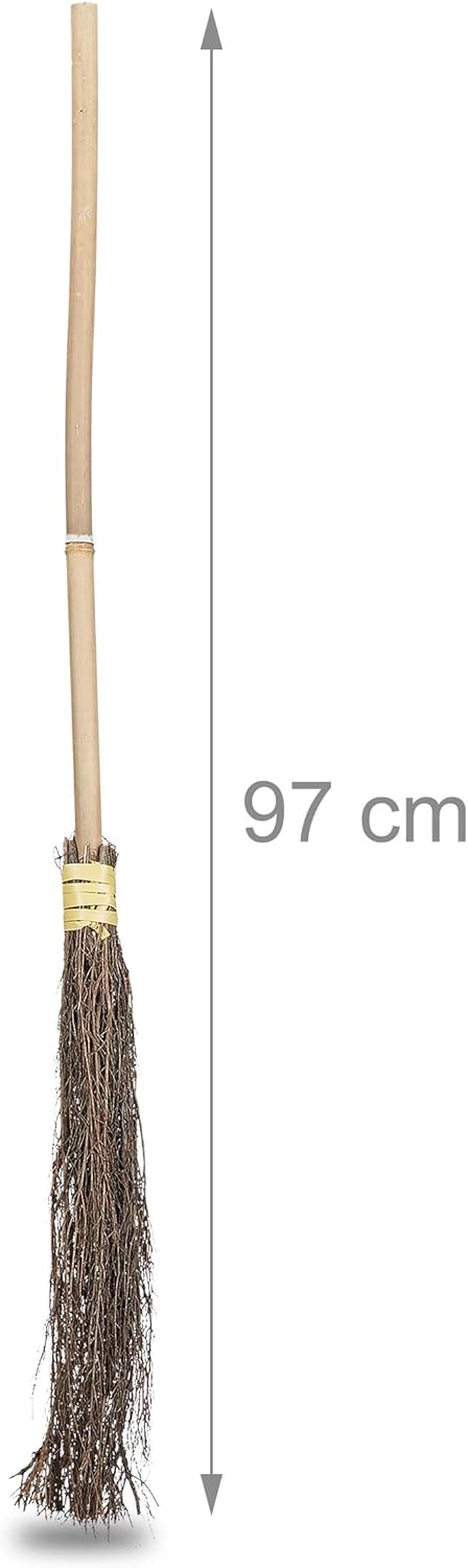 Relaxdays Hexenbesen 2er Set, mit Stiel, 97 cm lang, Kostümzubehör für Erwachsene, Halloween, Bambus