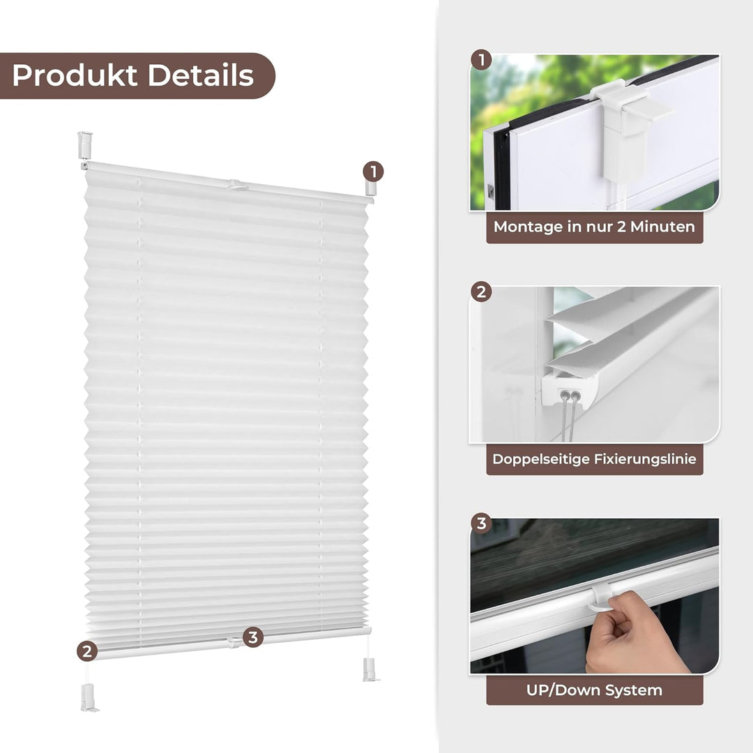 Plissee Klemmfix ohne Bohren, Weiss 95 x 120 cm (BxH), Faltrollo Plisseerollo mit Klemmträger, Jalou