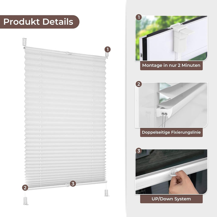 Plissee Klemmfix ohne Bohren, Weiss 95 x 120 cm (BxH), Faltrollo Plisseerollo mit Klemmträger, Jalou