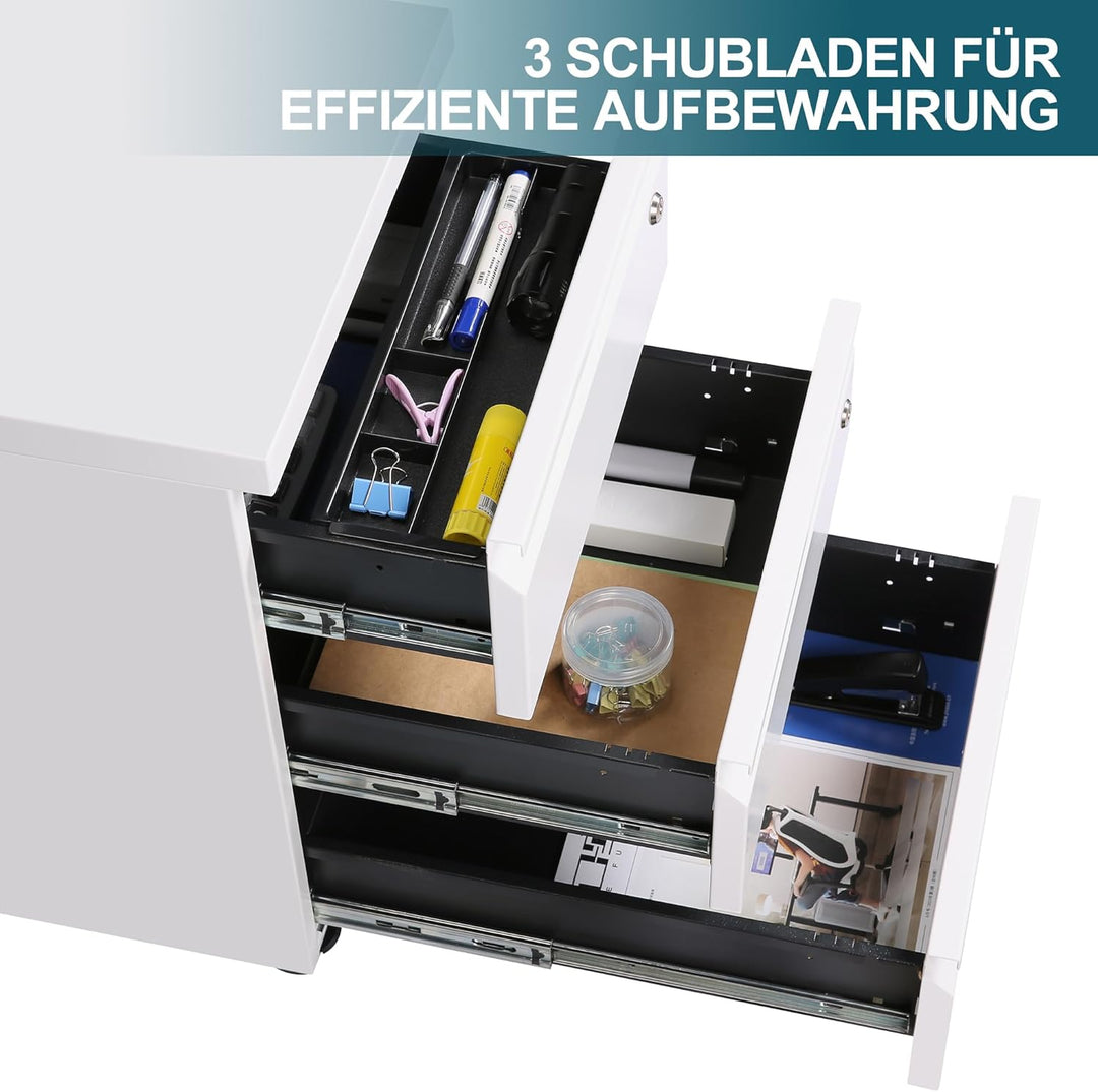 Rollcontainer mit 3 Schubladen, Aktenschrank, Büroschrank aus Metall, Aktenschrank unter Schreibtisc