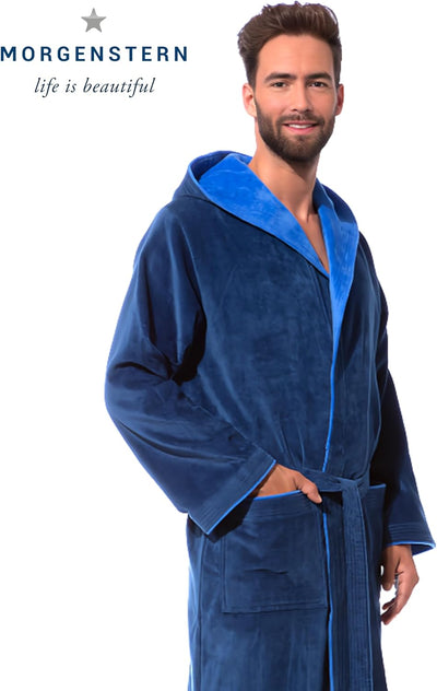 Morgenstern Bademantel Herren Kapuze 100% Baumwolle Frottee Velours Lang Finn M Blau, M Blau