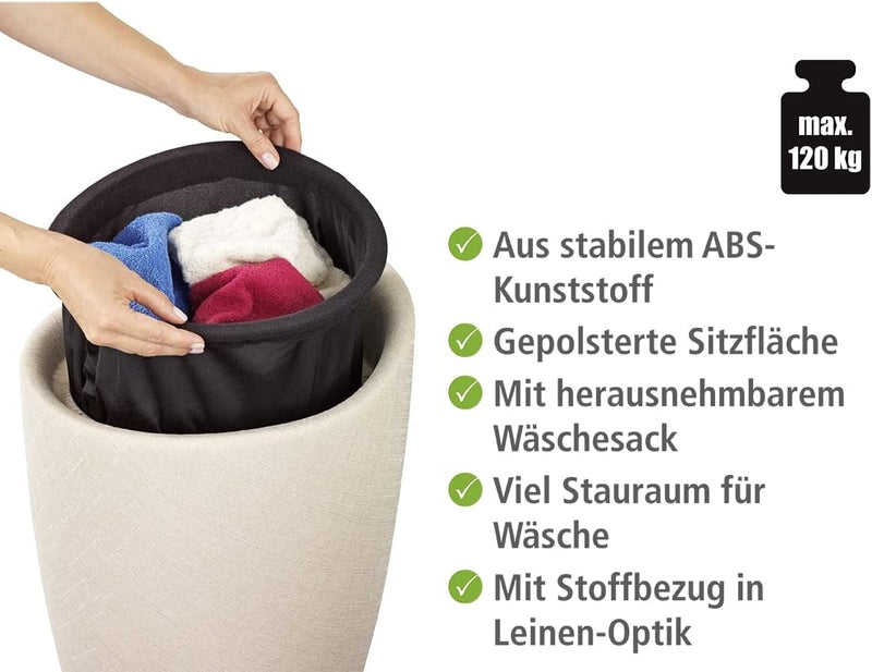 WENKO Badhocker Candy Leinen Optik Beige, Hocker mit Stauraum für das Badezimmer und Wohnzimmer, int