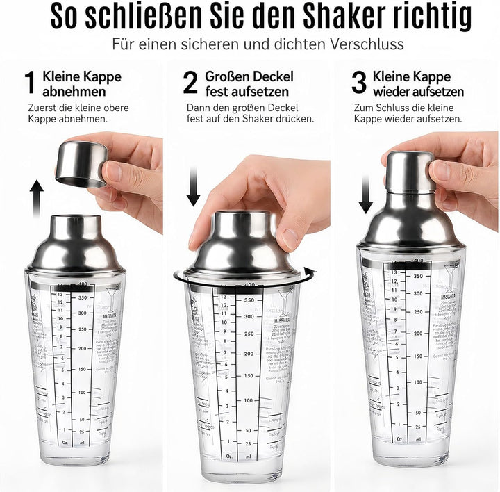 Cocktail Shaker, 400ml Professional Glas Cocktail Set, Cocktailshaker Zubehör Messbecher Coctail Mix