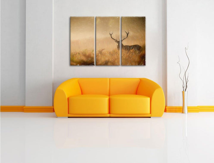 Pixxprint Rotwild Hirsch im Nebel als Leinwandbild/Grösse: 3 Teilig (120x80 cm) cm/Wandbild/Kunstdru