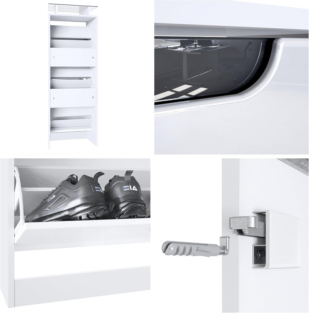 Vladon Schuhschrank Space V2, Schuhkipper für 12 Paar Schuhe mit 3 Klappen und Glasablage, Weiss mat