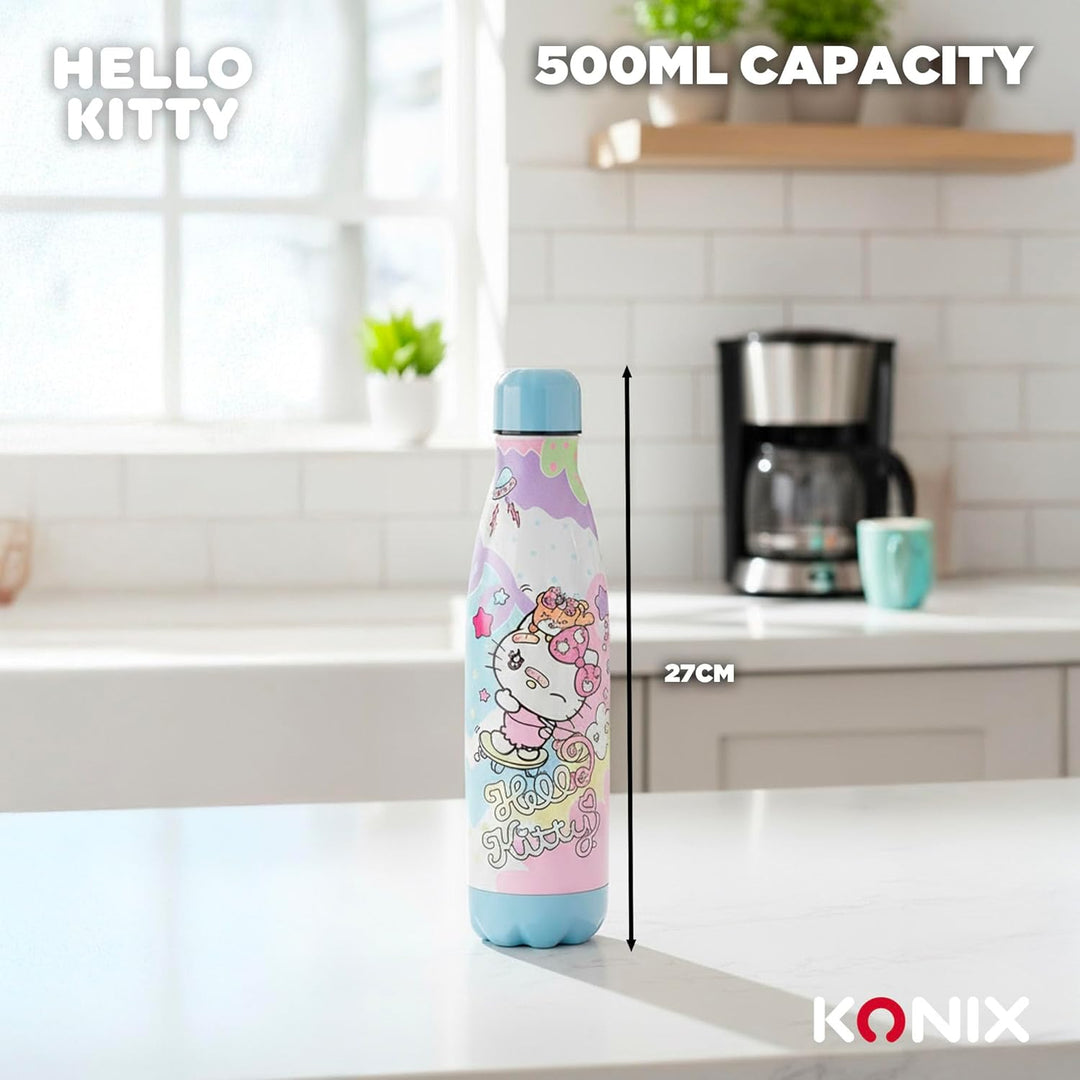Konix Hello Kitty Isolierflasche - Edelstahl - 500 ml - Skateboard-Motiv - Blau Hello Kitty Blau - S