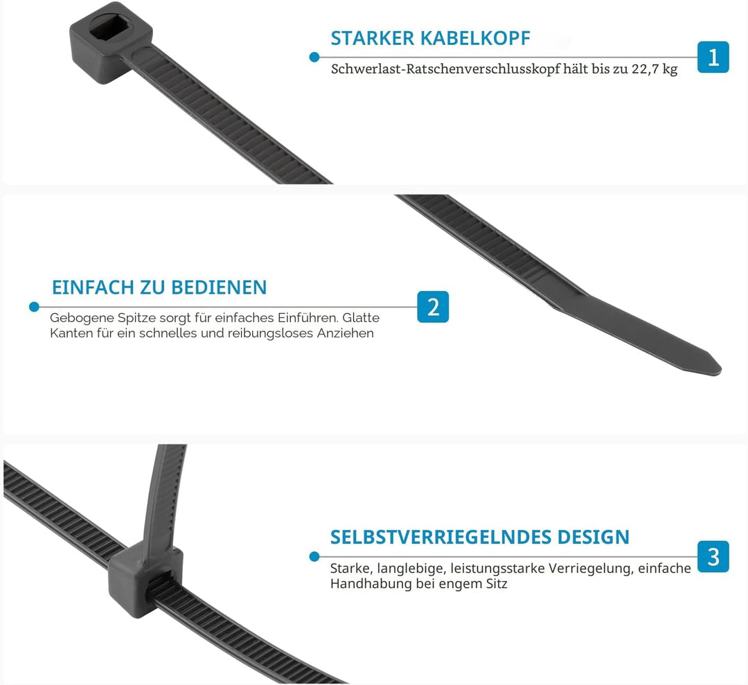 XINGO 1500 Stück Kabelbinder Schwarz Set, 100/150/200/300 mm(je 300 Stück), UV Beständig Nylon Versc