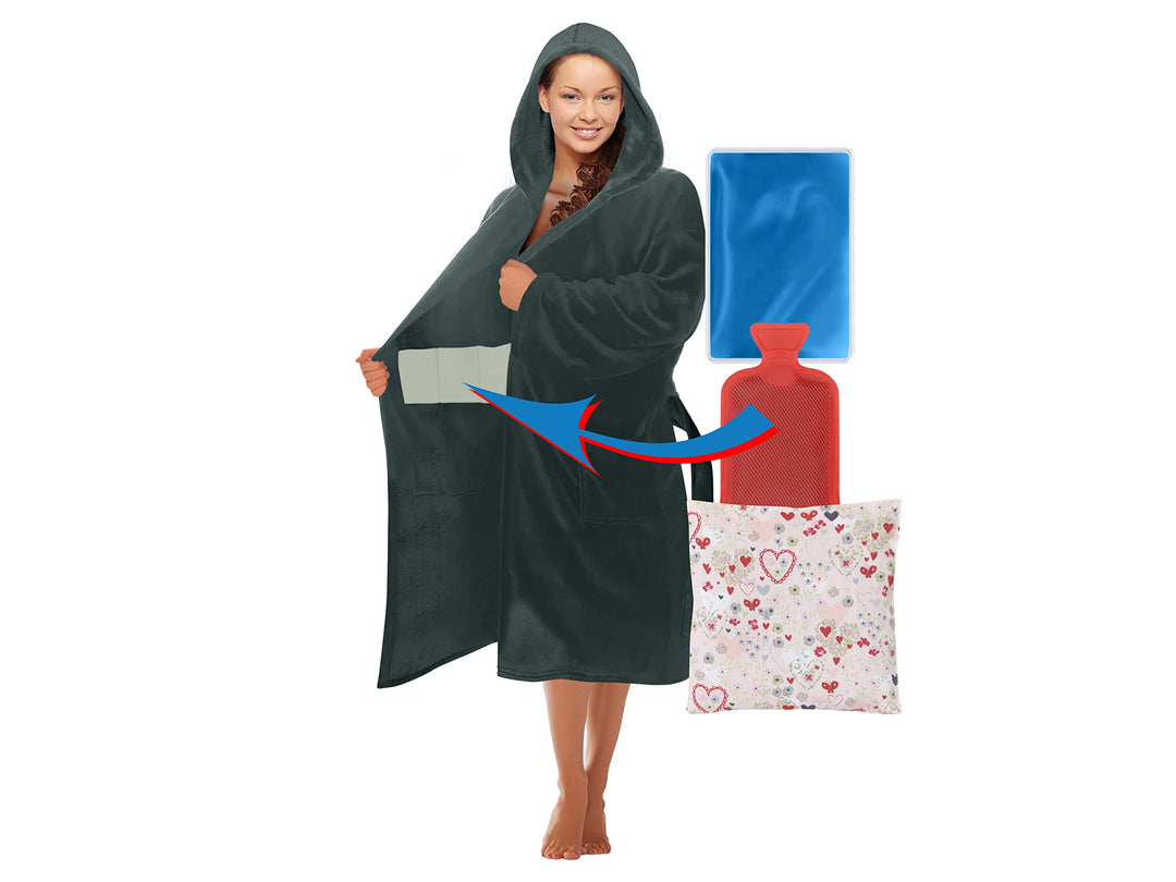 Emily´s Check Kuschelfleece Therapie Bademantel mit Kapuze und Innentaschen 1582.2293 S anthrazit, S