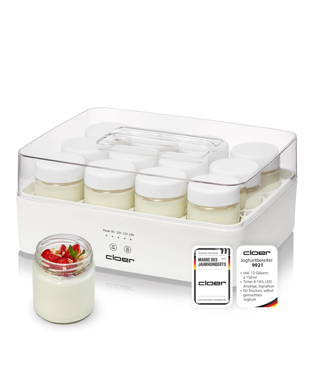 Cloer 9921 Joghurtbereiter für 12 Gläser, je 150 ml Fassungsvermögen, für Joghurt und Fermentkulture