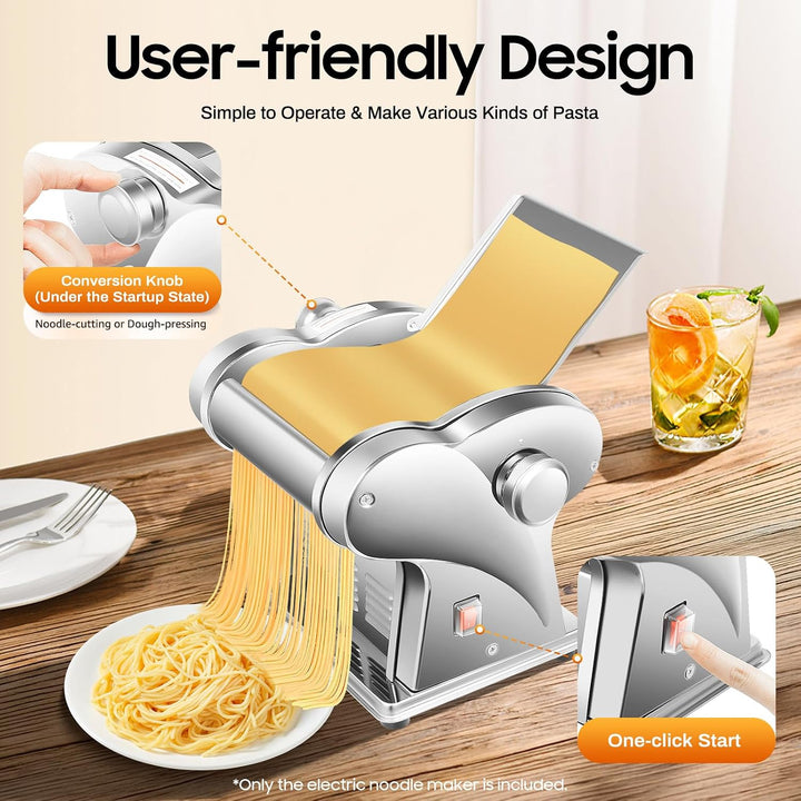 Nudelmaschine Elektrische Edelstahl Pasta Maker mit 2 Klingen 2 mm/4 mm, 8-Stufige Dickeinstellung,