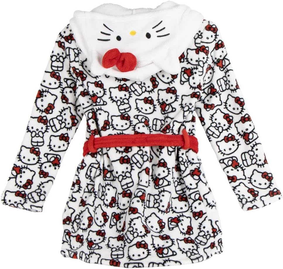 Hello Kitty Mädchen Kinder Bademantel mit Kapuze – Flauschiger Morgenmantel mit niedlichem Katzen-De