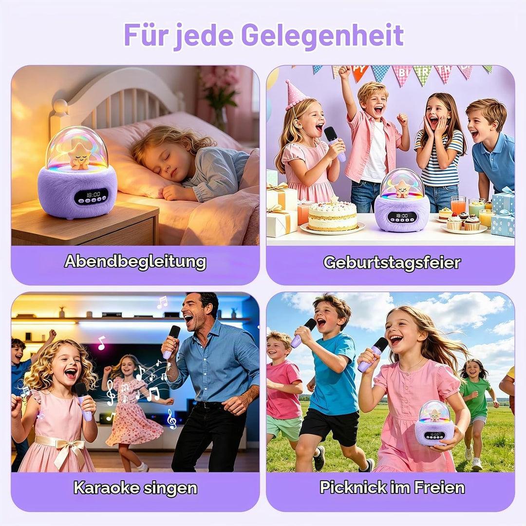 Karaoke Maschine mit 2 Bluetooth Mikrofonen für Kinder 3-8 Jahre | Tragbar, Sichere 85dB Lautstärke,