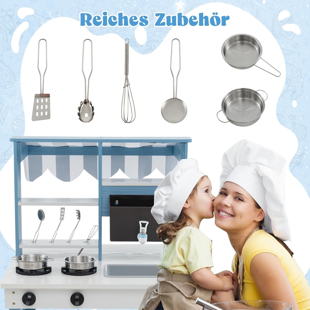 DREAMADE Matschküche Kinder Outdoor, Kinderküche aus Tannenholz mit Dach, Wassertank, Wasserhahn, Sp
