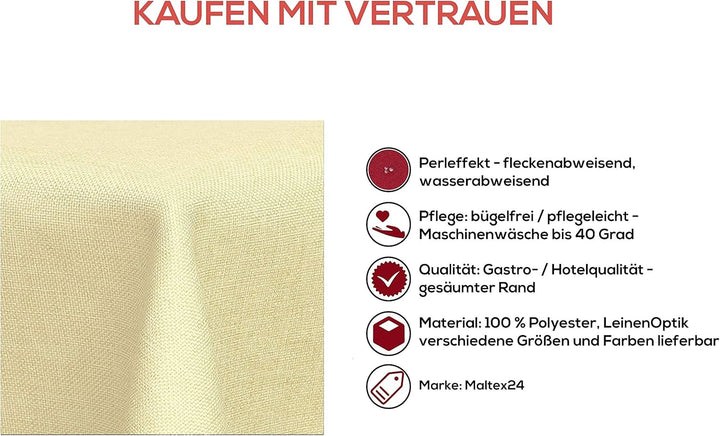 Textil Tischdecke - Leinen Optik - wasserabweisend Eckig - Farbe Grösse wählbar (Ecru, ca. 130x220 c