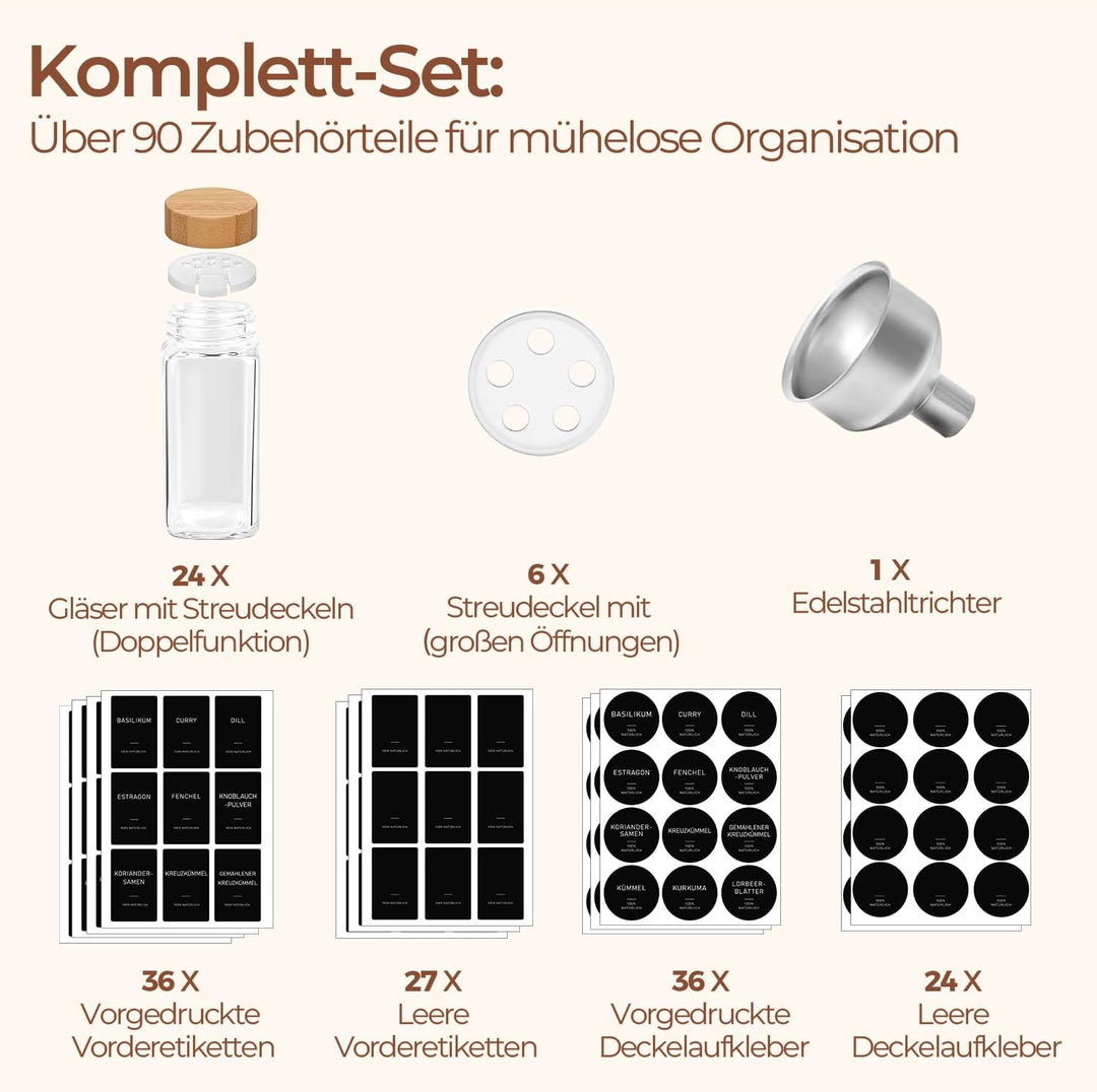 ComSaf Gewürzgläser Eckig mit Etiketten (24×120ml), Gewürzstreuer Glas mit Bambusdeckel, Gewürzdosen