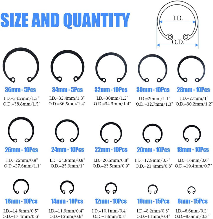 Glarks 150 Stück 15 Grössen metrische Legierung Stahl Interne Sicherungsringe Sicherungsring Sortime