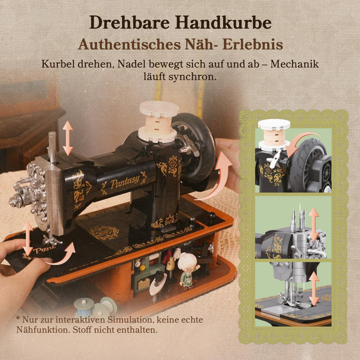 PANTASY Retro Nähmaschine Baustein-Modell, Vintage Handkurbel mit Funktionierendem Zahnrad-Mechanism