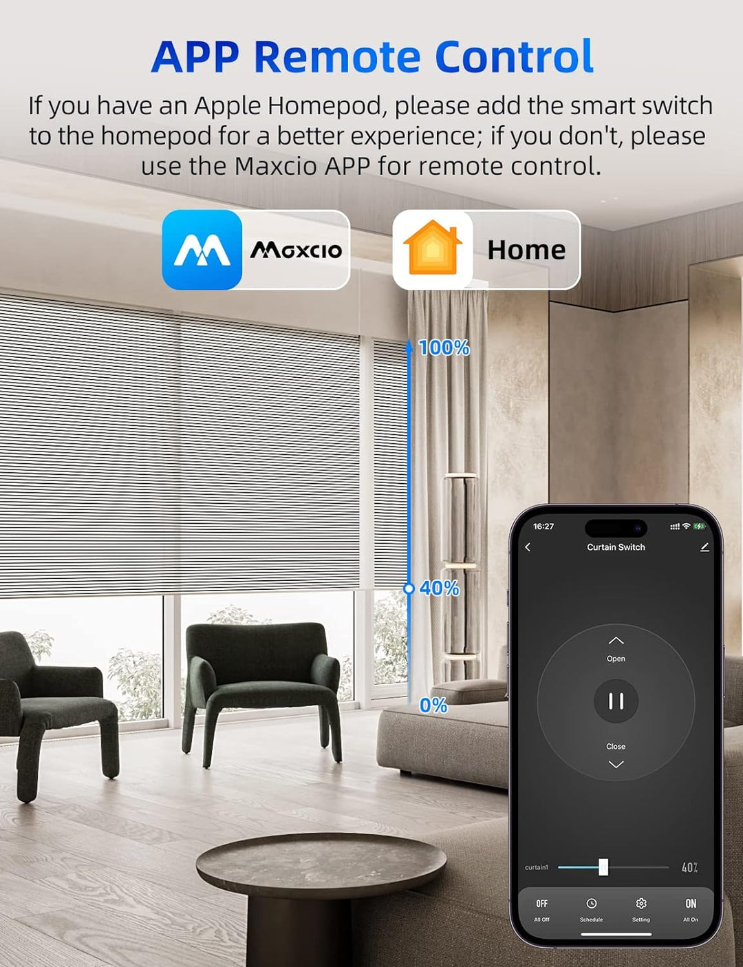Homekit Rolladenschalter, Maxcio Jalousieschalter mit Timer/Steuerbare LED, Steuerung via Siri, Alex