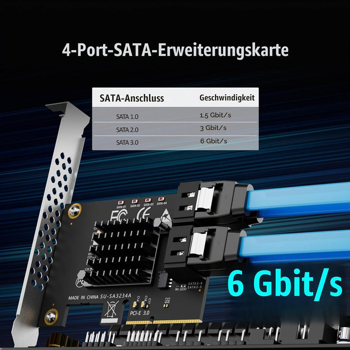GLOTRENDS SA3234-C 4-Port PCIe X4 SATA Erweiterungskarte mit SATA- und Stromkabeln, kompatibel mit W