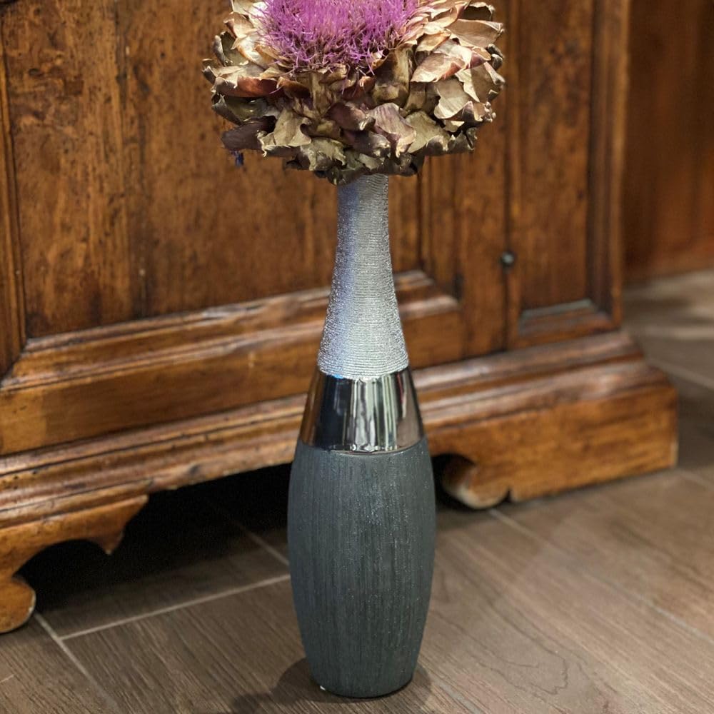 Formano Dekovase hohe Flaschen-Vase Luxor, Höhe ca. 40 cm, Durchmesser der Öffnung 3 cm, Silber-grau
