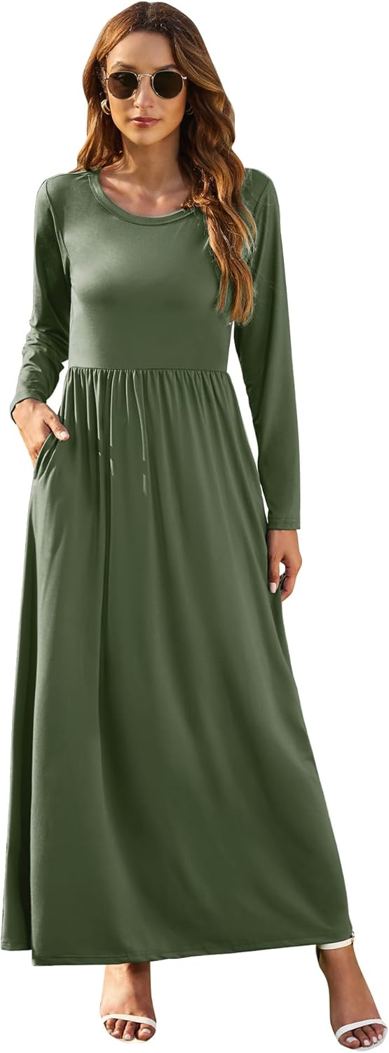 AUSELILY Damen Langarm Maxikleider Lässige Langkleider mit Taschen Winter S Armeegrün, S Armeegrün