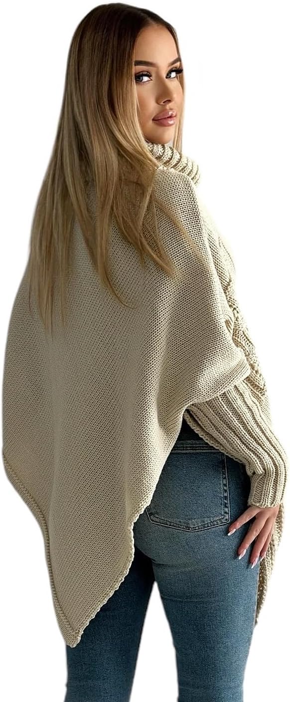 Mississhop Poncho Strick Sweatshirt Pullover Umhang Überwurf Einheitsgrösse Beige, Einheitsgrösse Be