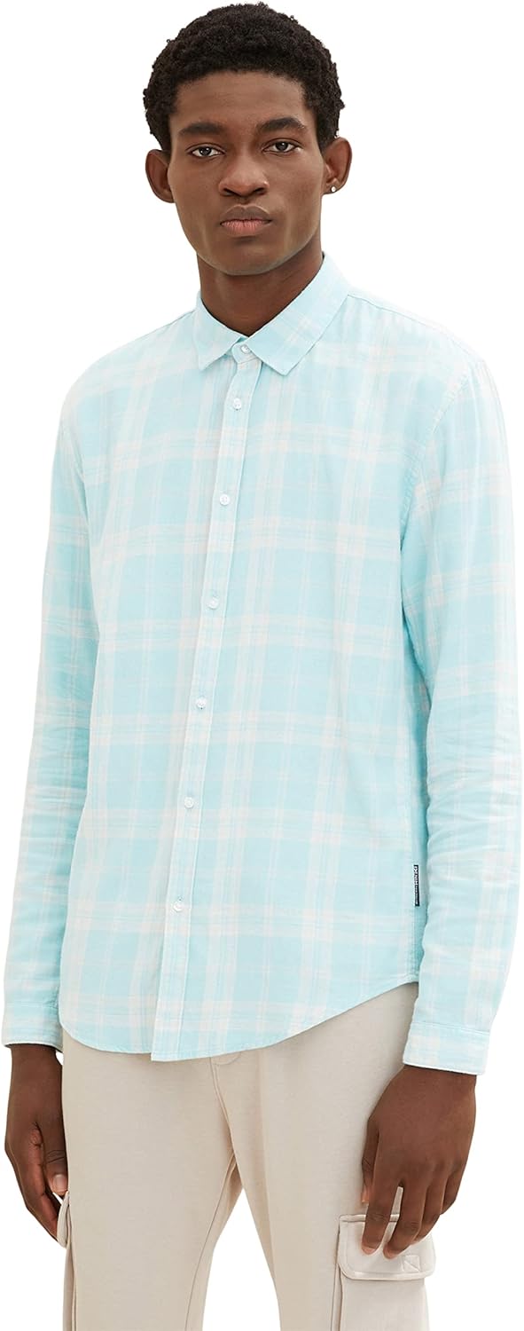 TOM TAILOR Denim Herren Hemd mit Karomuster S 30791 - Light Dusty Blue White Check, S 30791 - Light