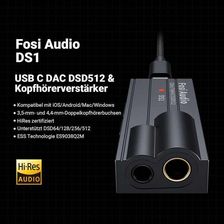 Fosi Audio DS1 Tragbarer DAC Kopfhörerverstärker, Headphone Amp mit ES9038Q2M Chip Unterstützt PCM 3