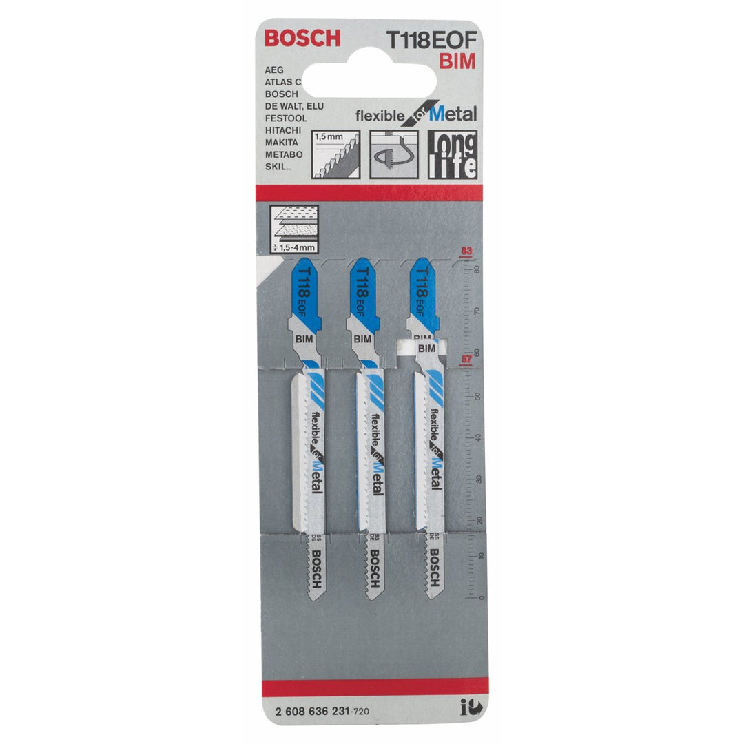Bosch 3x Stichsägeblatt T 118 EOF Flexible for Metal (für Stahlbleche, Professional Zubehör Stichsäg