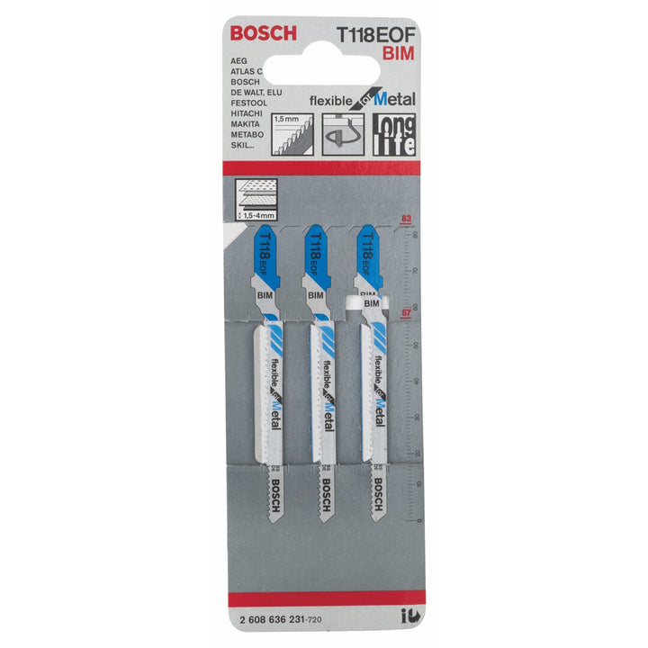 Bosch 3x Stichsägeblatt T 118 EOF Flexible for Metal (für Stahlbleche, Professional Zubehör Stichsäg