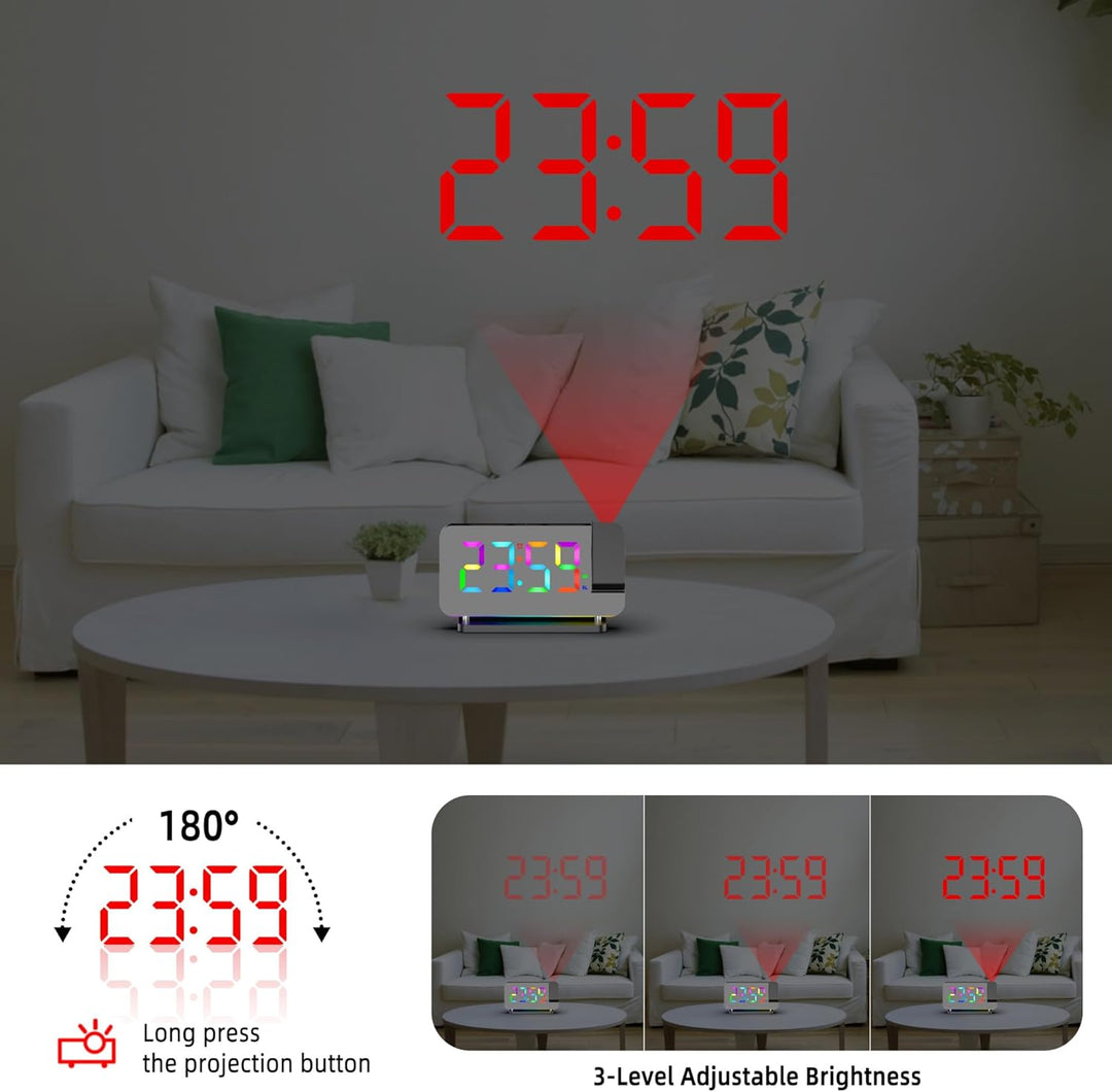 Lancoon Projektionswecker Bunter Wecker mit Radio Spiegelfläche mit 11 RGB Farbdisplay 10 Farben Nac