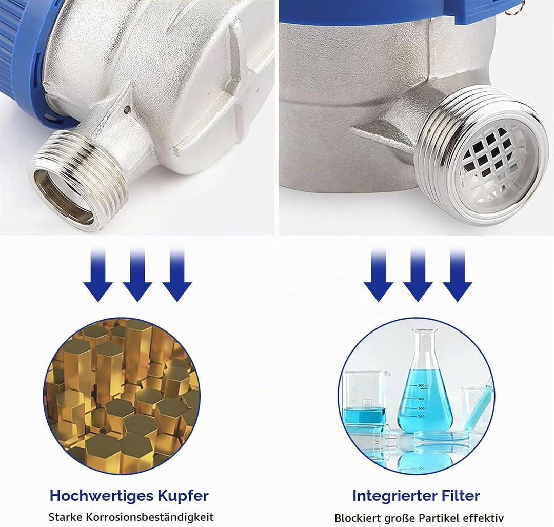 Wasserzähler Garten 1/2 Zoll – Digitaler Kaltwasserzähler mit Zeiger und Digitalanzeige, Kupfer, Was