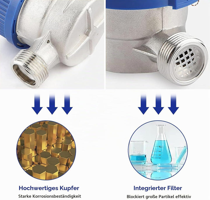 Wasserzähler Garten 1/2 Zoll – Digitaler Kaltwasserzähler mit Zeiger und Digitalanzeige, Kupfer, Was