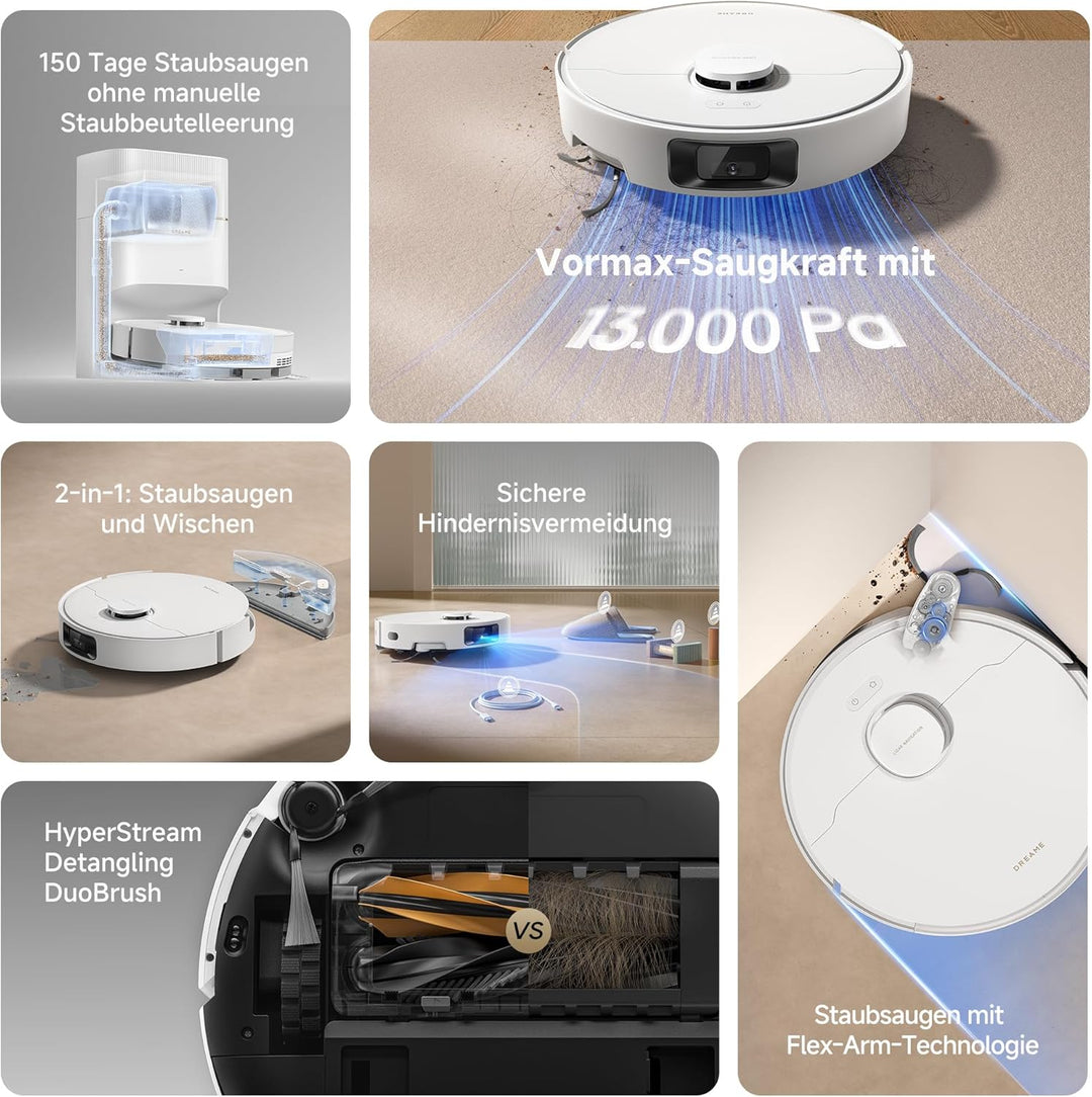 dreame D20 Pro Plus Saugroboter, 13.000 Pa Saugkraft, DuoBrush für Tierhaare, Eckenrein, Selbstentl,