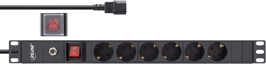 InLine® 19" Steckdosenleiste, 6-Fach Schutzkontakt, C14 Anschluss, Überlastschutz, Schalter, 2m, sch
