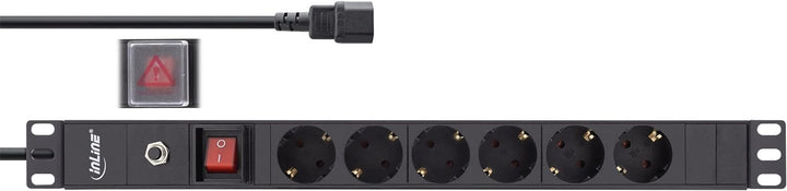 InLine® 19" Steckdosenleiste, 6-Fach Schutzkontakt, C14 Anschluss, Überlastschutz, Schalter, 2m, sch