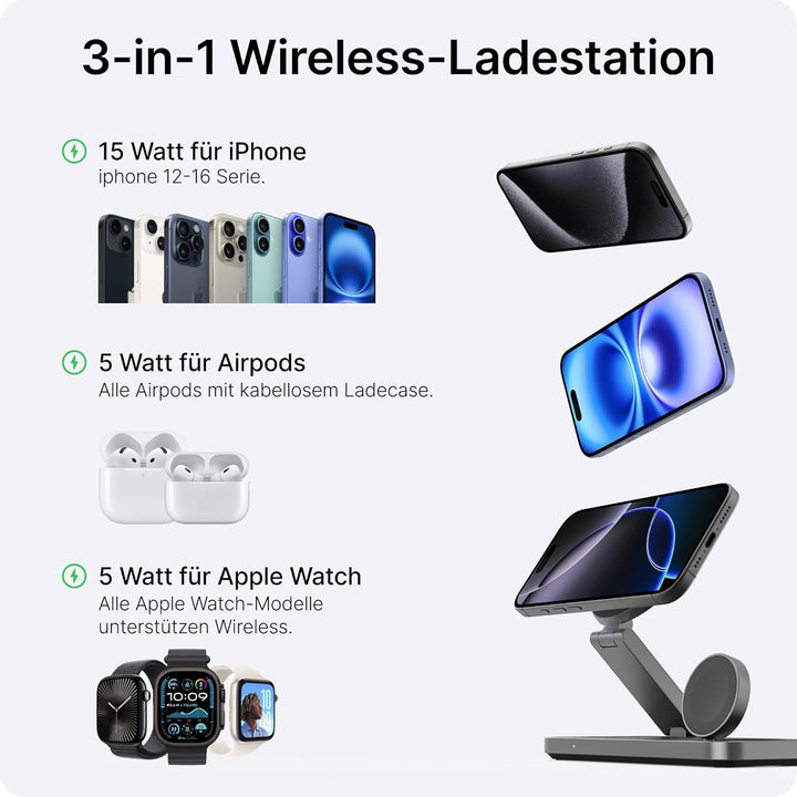 Voomy 3-in-1 Induktive Ladestation Kompatibel mit Magsafe Ladegerät, iPhone, AirPods & Apple Watch,