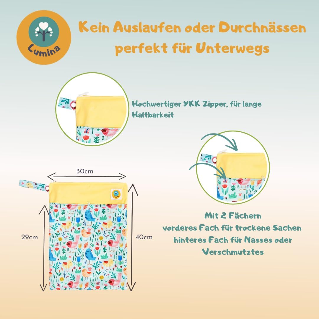 Lumina doppel Wetbag/Nasstasche mit 2 Fächern hochwertiger Zipper: Birdy Garden, Birdy Garden