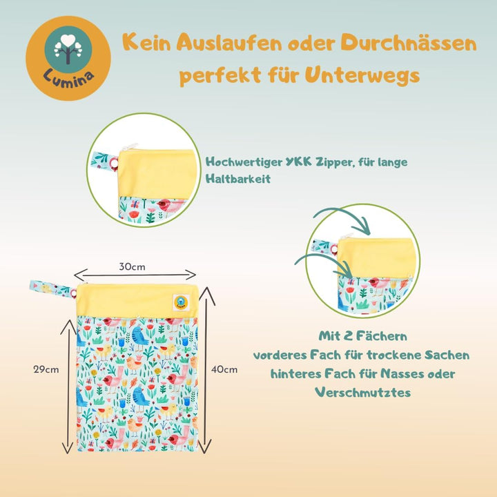 Lumina doppel Wetbag/Nasstasche mit 2 Fächern hochwertiger Zipper: Birdy Garden, Birdy Garden