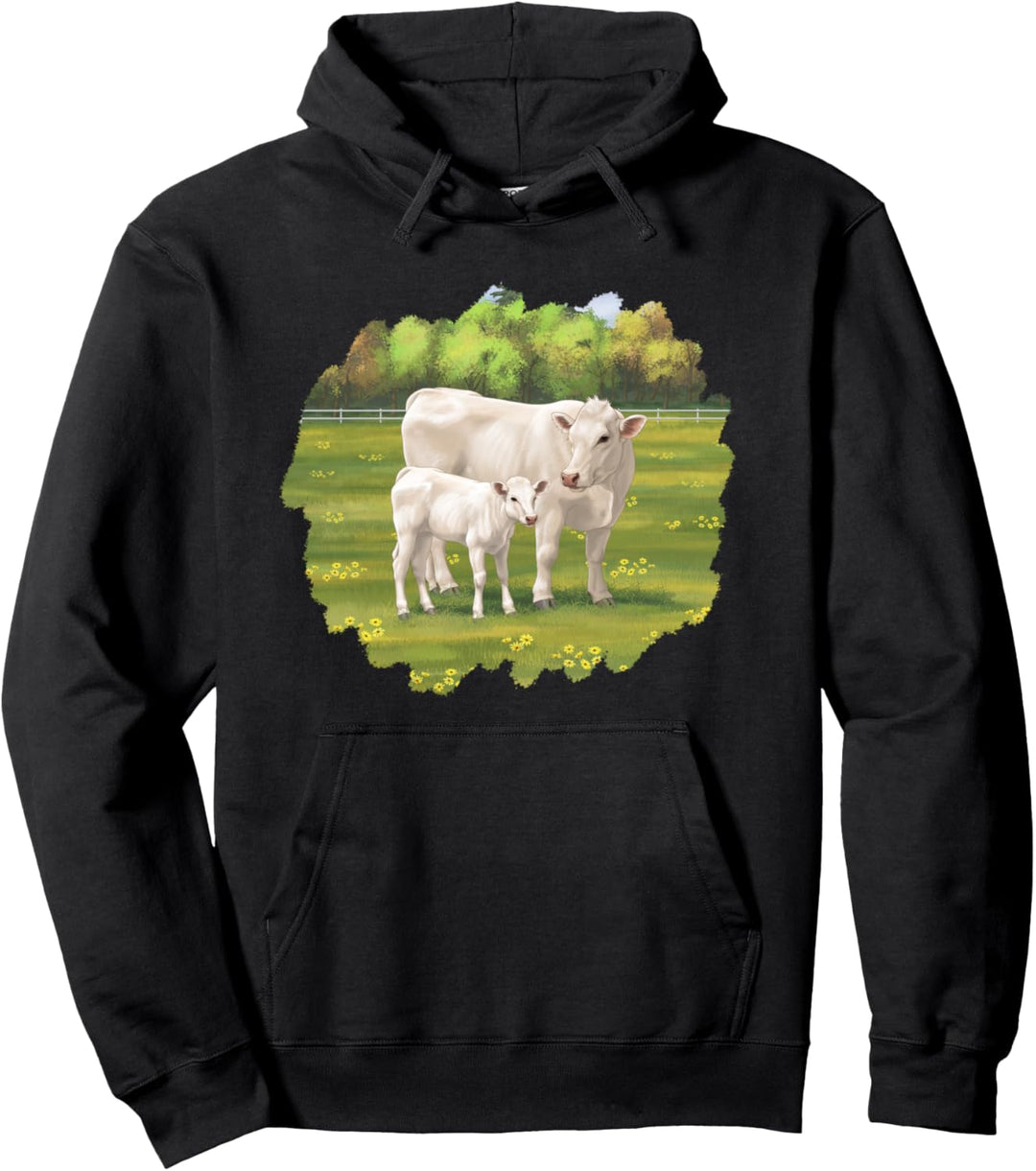 weiss Charolais-Kuh und Kalb Bauernhof-Tiere Pullover Hoodie