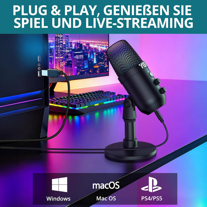 YGiTK USB-Kondensatormikrofon, Mikrofon für PS4 PS5 Gaming, Mikrofon mit Dynamisches RGB Effekt, Stu
