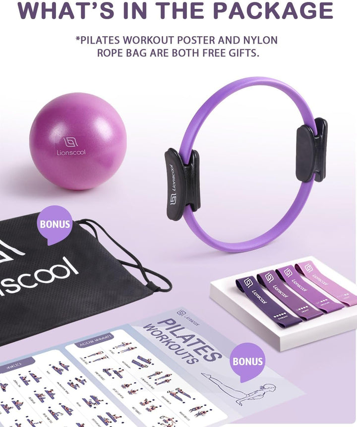 LIONSCOOL Pilates-Ring-Set – 14“/35cm Magic Circle mit Doppelgriffen – Inkl. platzfestem Miniball, W