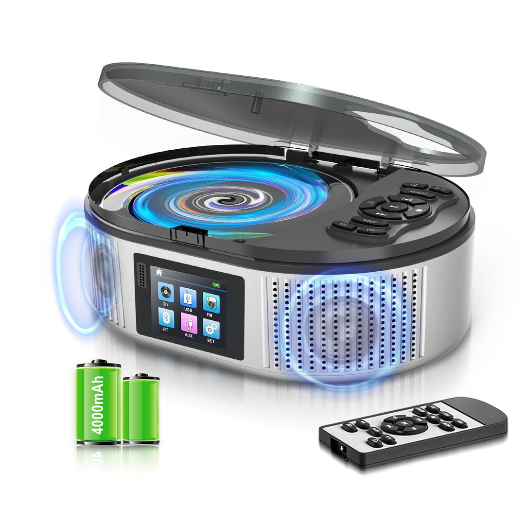 Tragbarer CD Player, CD Player Bluetooth mit Dual Stereo Lautsprecher, 4000mAh Rechargeable Desktop