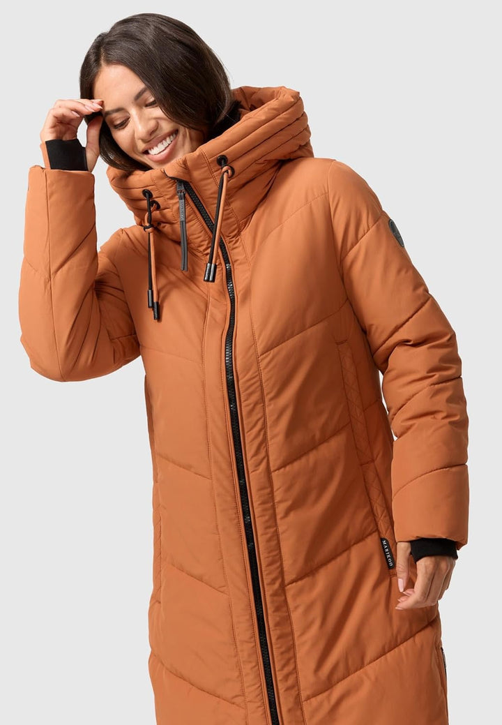 MARIKOO Damen Wintermantel Warmer Steppmantel lang mit Verstellbarer Kapuze und hohem Kragen Nadaree