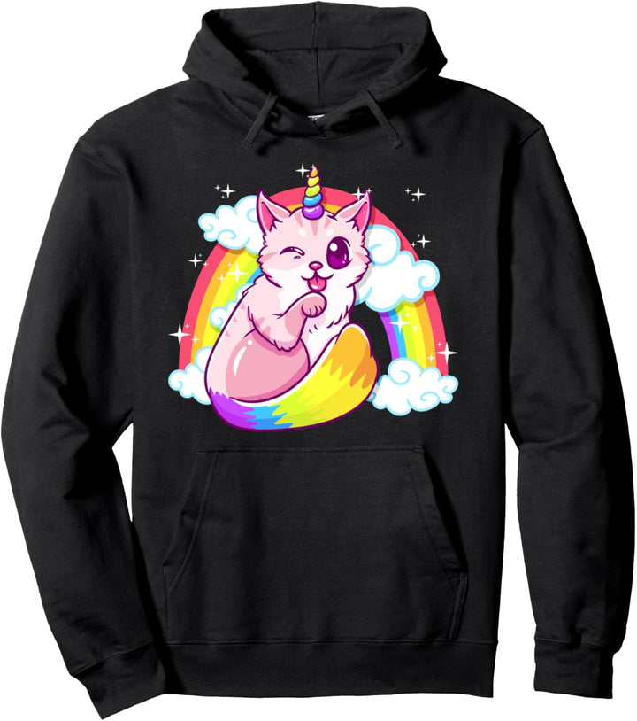Cute Unicorn Cat Licking Paw Rainbow Kitty Pullover Hoodie
