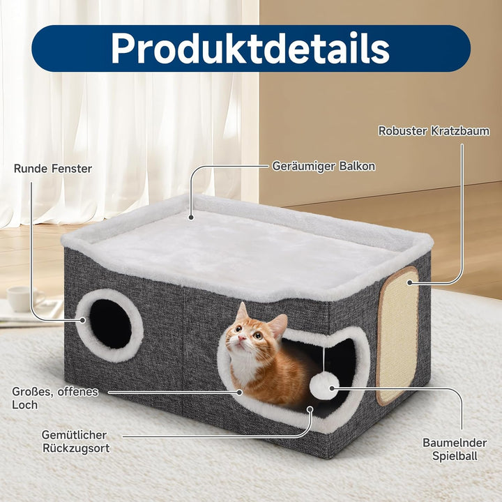 Shikha Faltbares Katzenhöhle, Katzenhaus Indoor grosse Katzen, 61T*45B*32H cm 2 Schicht Katzenwürfel