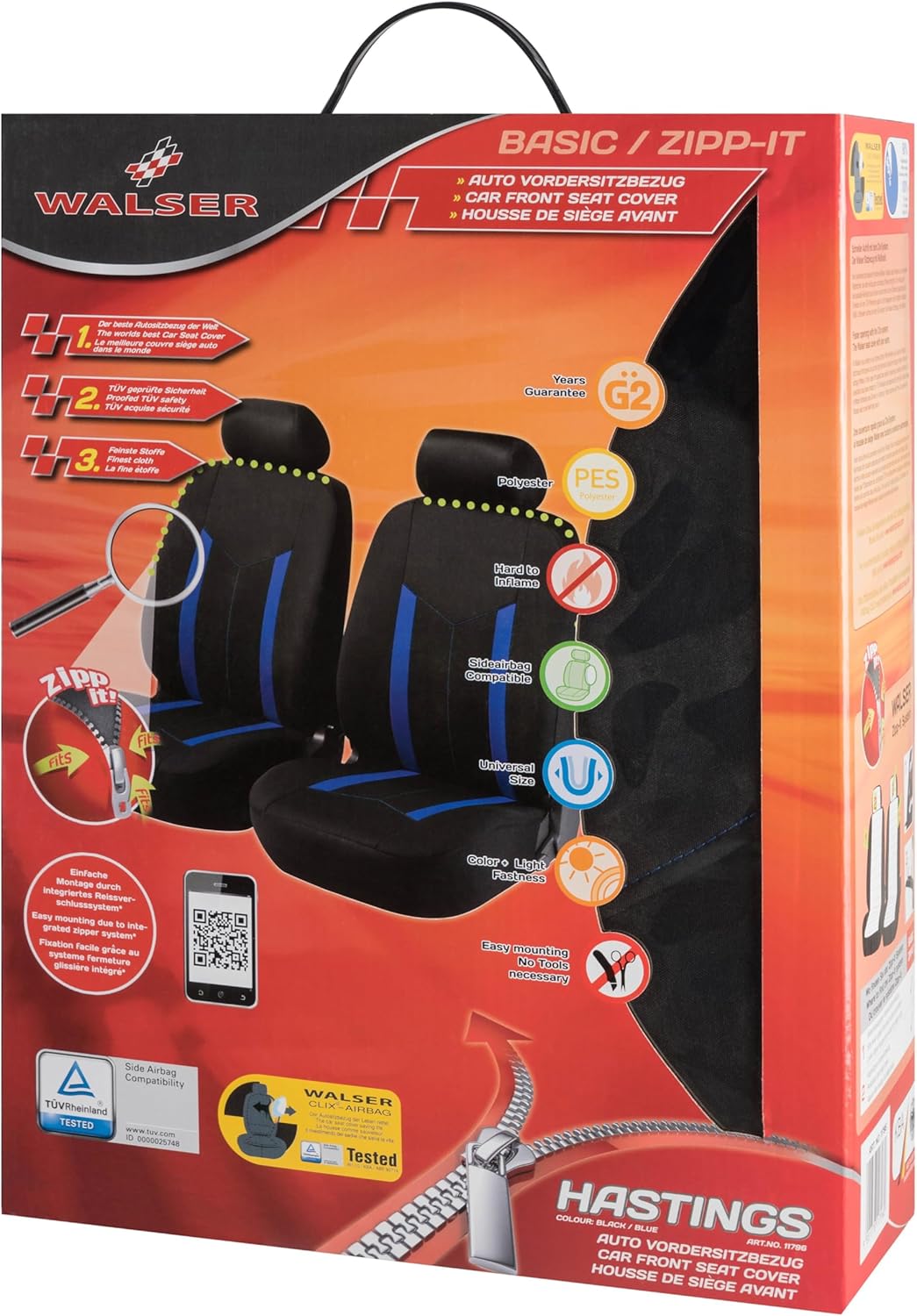 WALSER Auto-Sitzbezug 2 Vordersitzbezüge Hastings mit Reissverschluss, ZIPP-IT Premium Auto-Schonbez