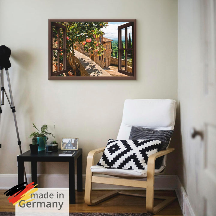 ARTland Leinwandbild Wandbild Bild auf Leinwand 130x90 cm Wanddeko Fensterblick Fenster Toskana Land